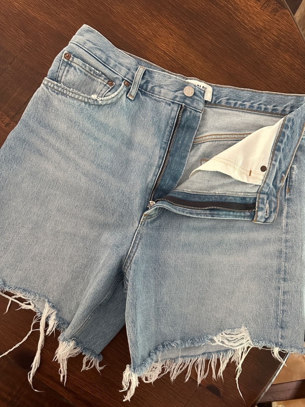 Agolde Light Blue Frayed Hem High-Rise Denim Shorts